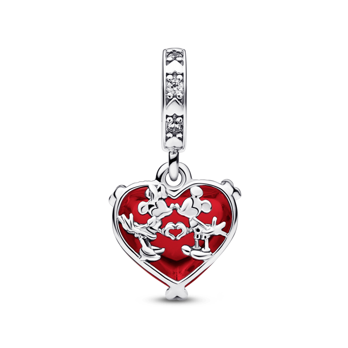 Charm Prata Pendente Disney Beijo Mickey e Minnie e Coração Vermelho